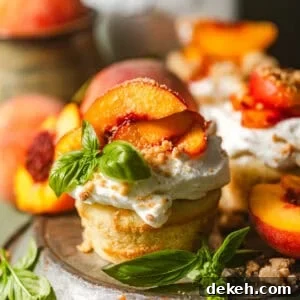 peach shortcakes on a pie plate with macerated peaches, whipped cream, and fresh basil for garnish.