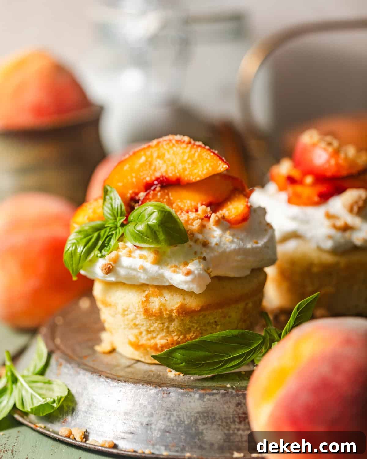 peach shortcake with macerated peaches on top.