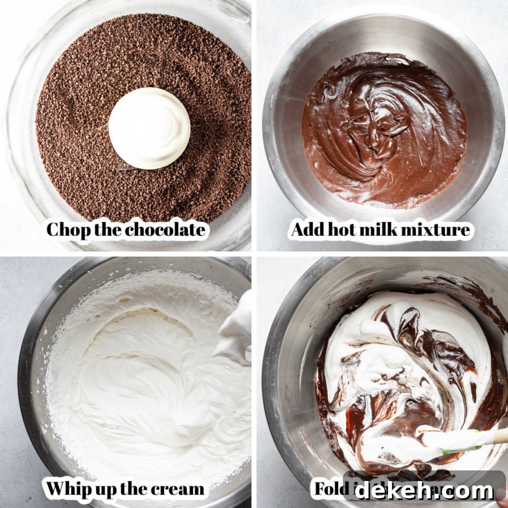 Four process steps in making easy chocolate mousse.