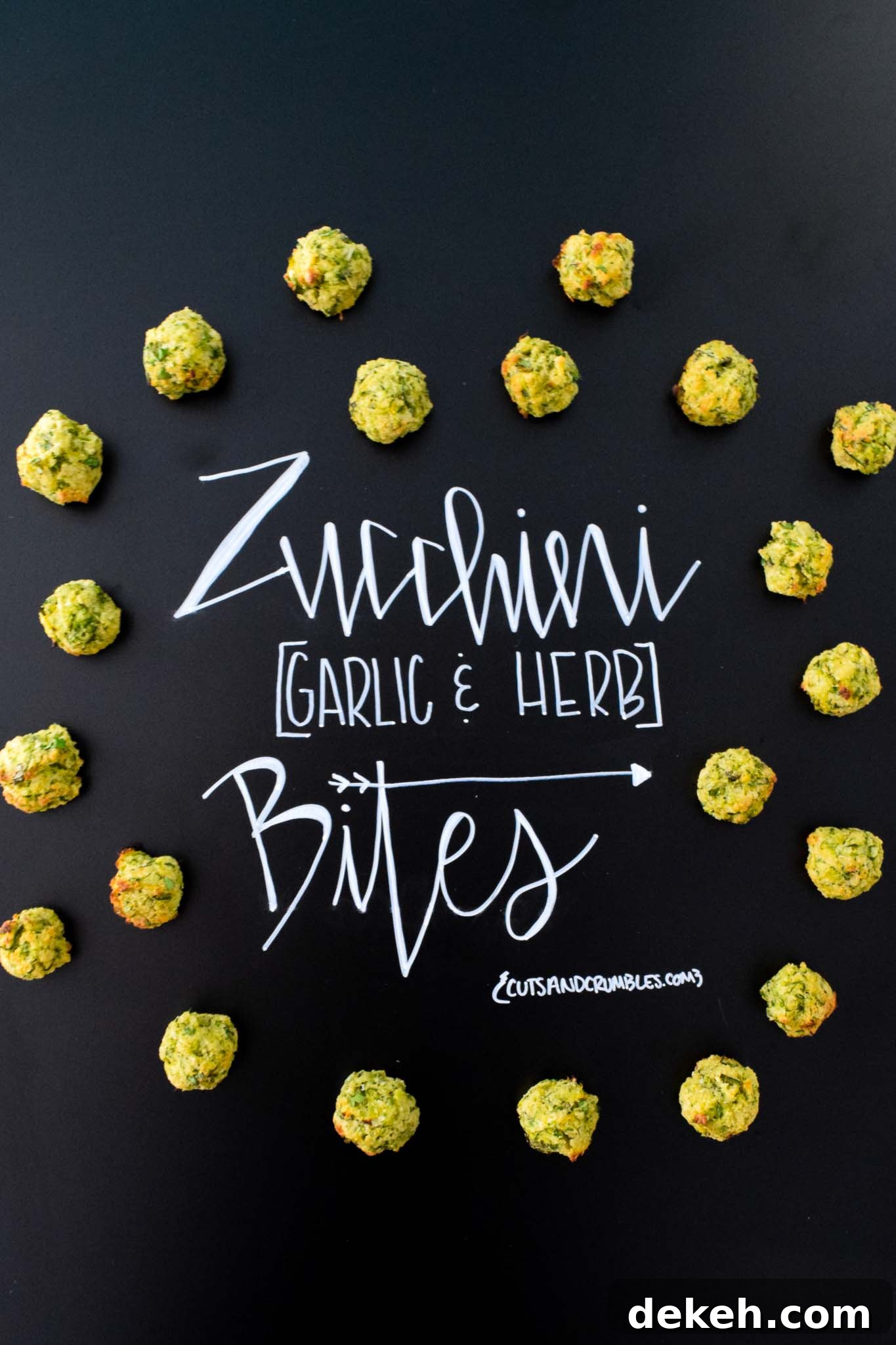 Zucchini Garlic and Herb Bites with title written on chalkboard