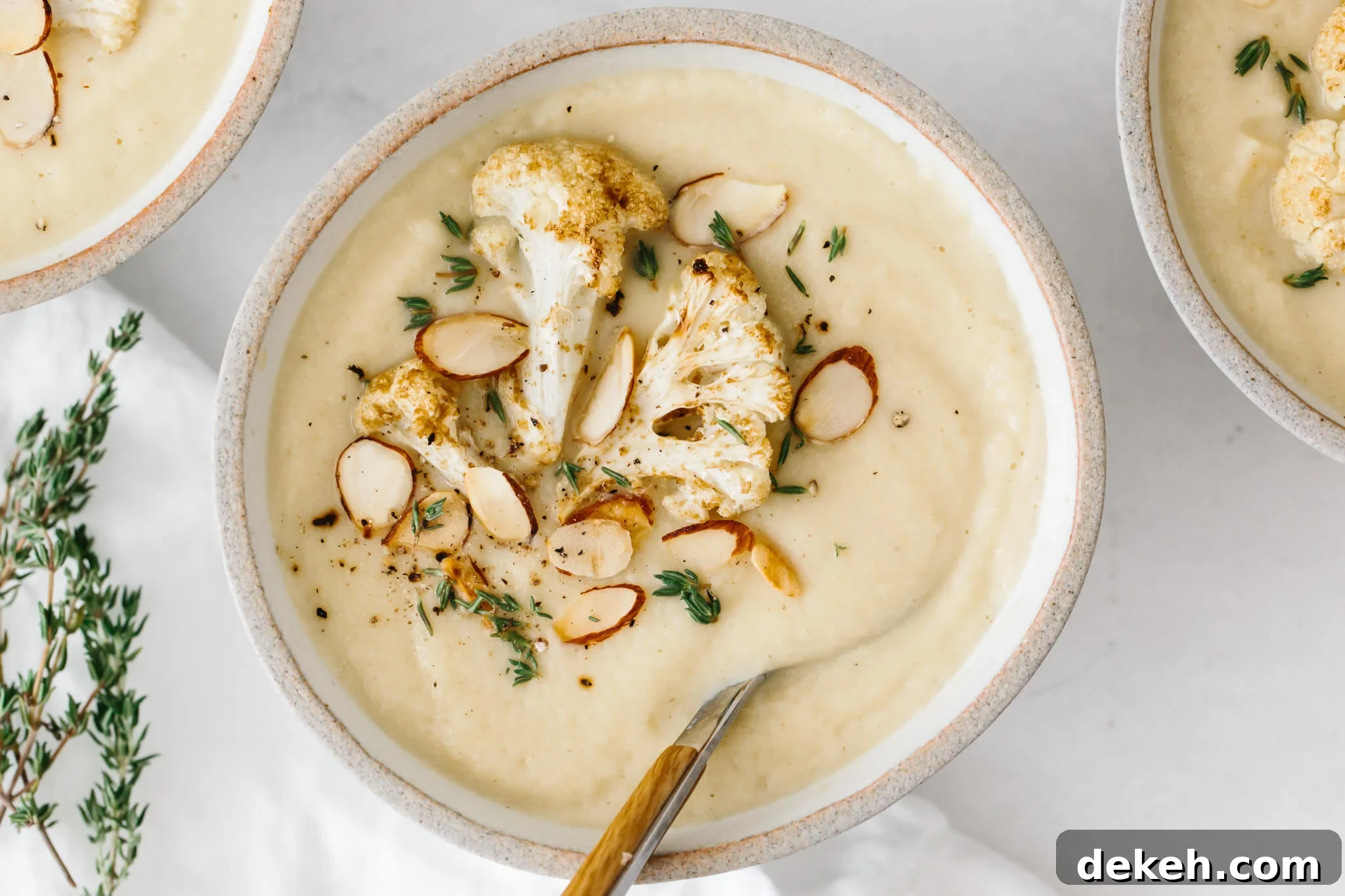 Roasted Cauliflower soup in a bowl with spoon.