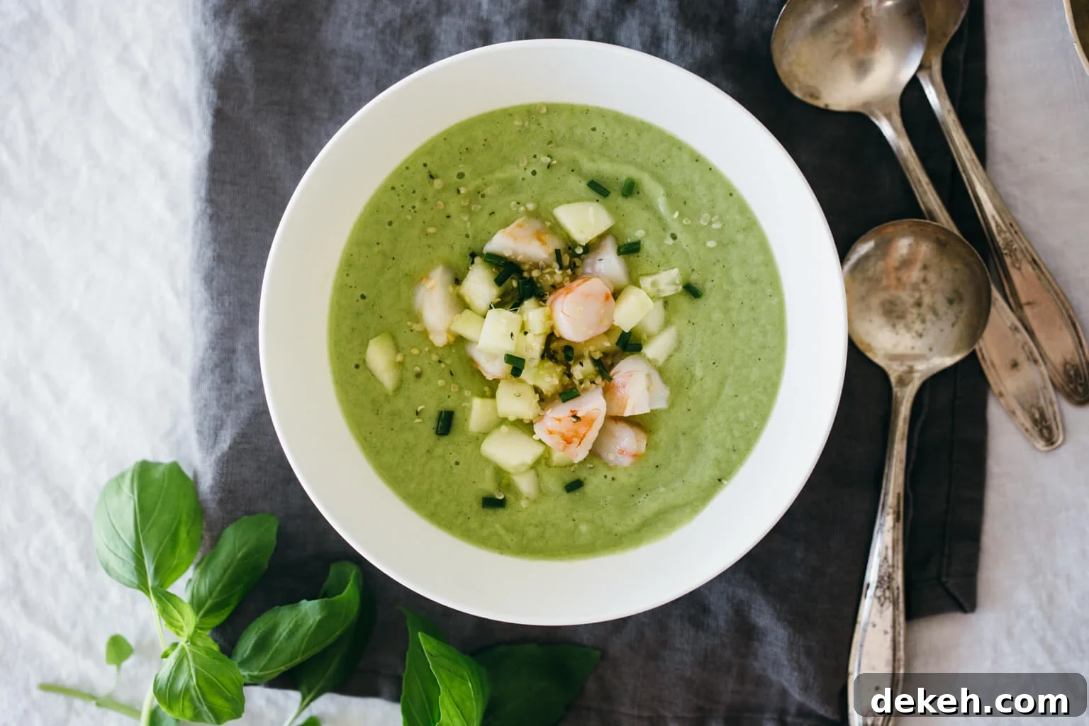 (gluten-free, paleo) Cucumber melon gazpacho with ginger shrimp. A cooling and delicious gazpacho, perfect for summer!