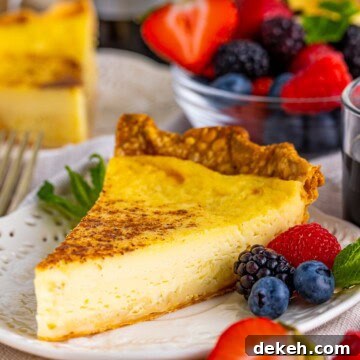 Slice of Custard Pie on white plate with fruit.