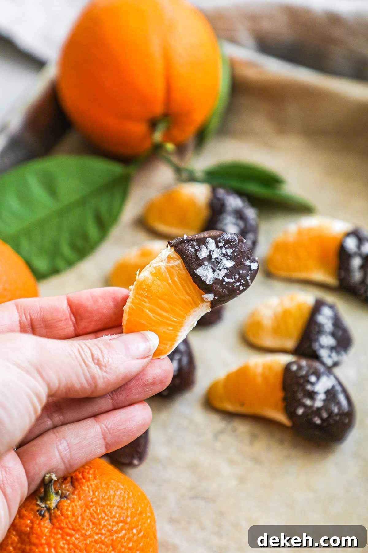 Hand holding an orange segment dipped in chocolate with flaky sea salt.