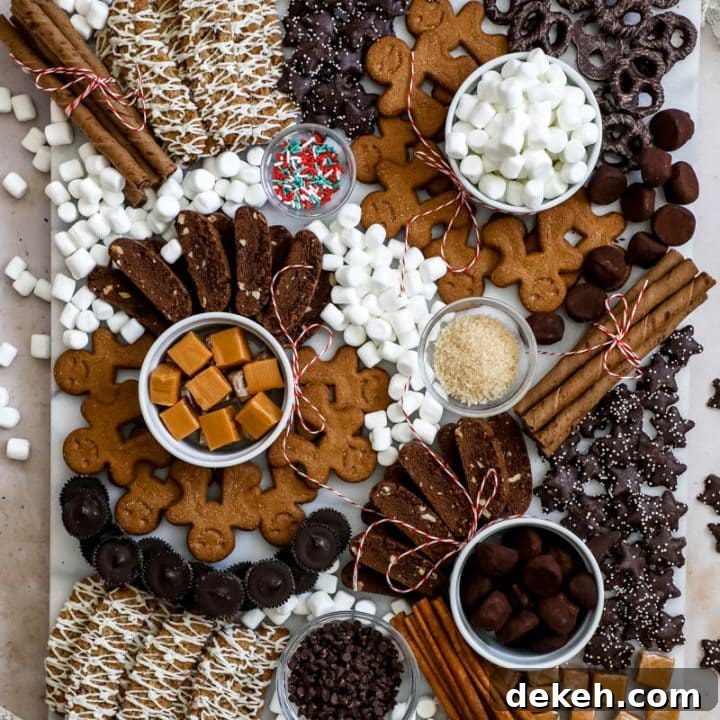 Hot chocolate/ hot cocoa board with cookies, chocolates, marshmallows, and caramels.