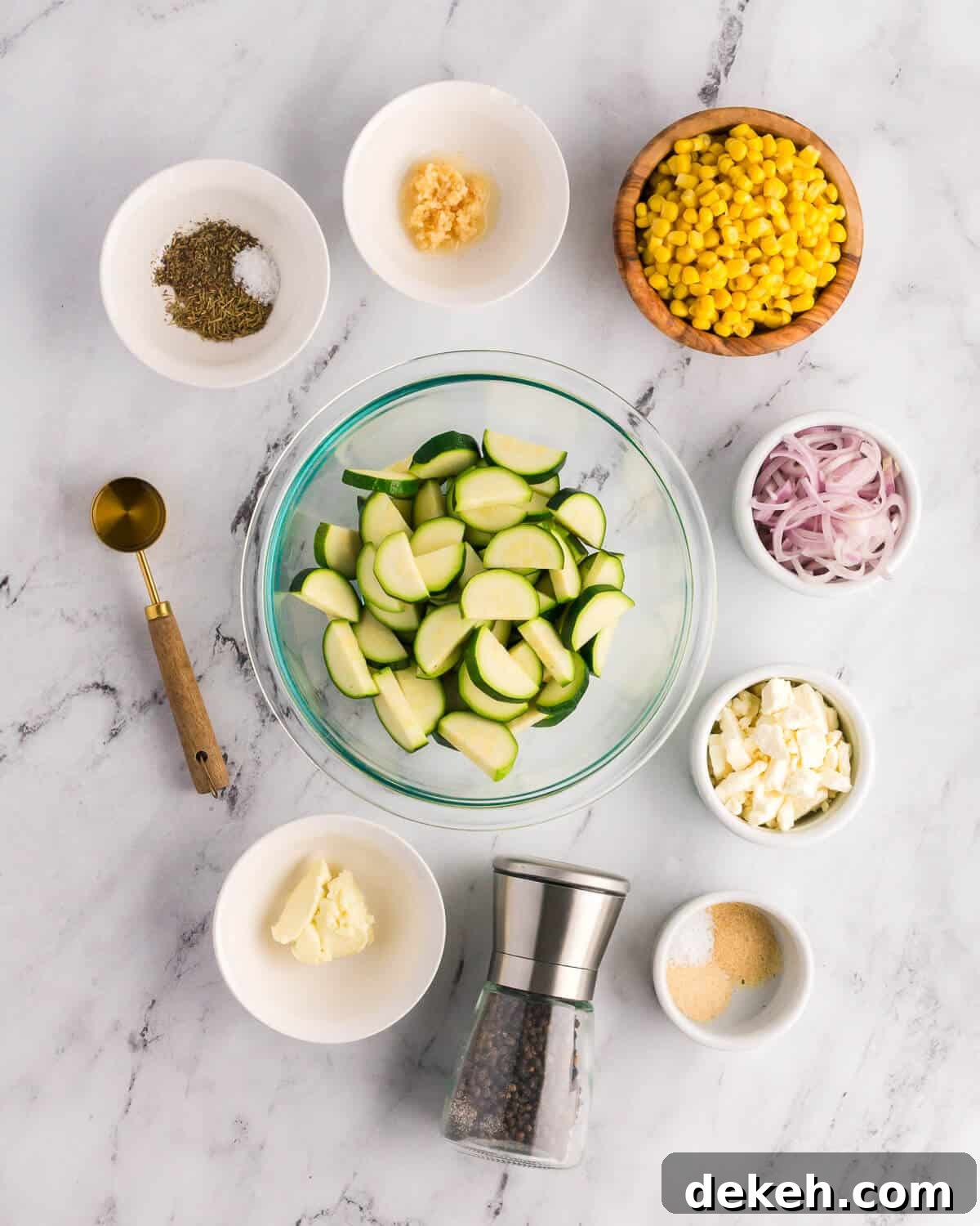 garlic, corn, shallots, zucchini, feta, spices, butter, olive oil,