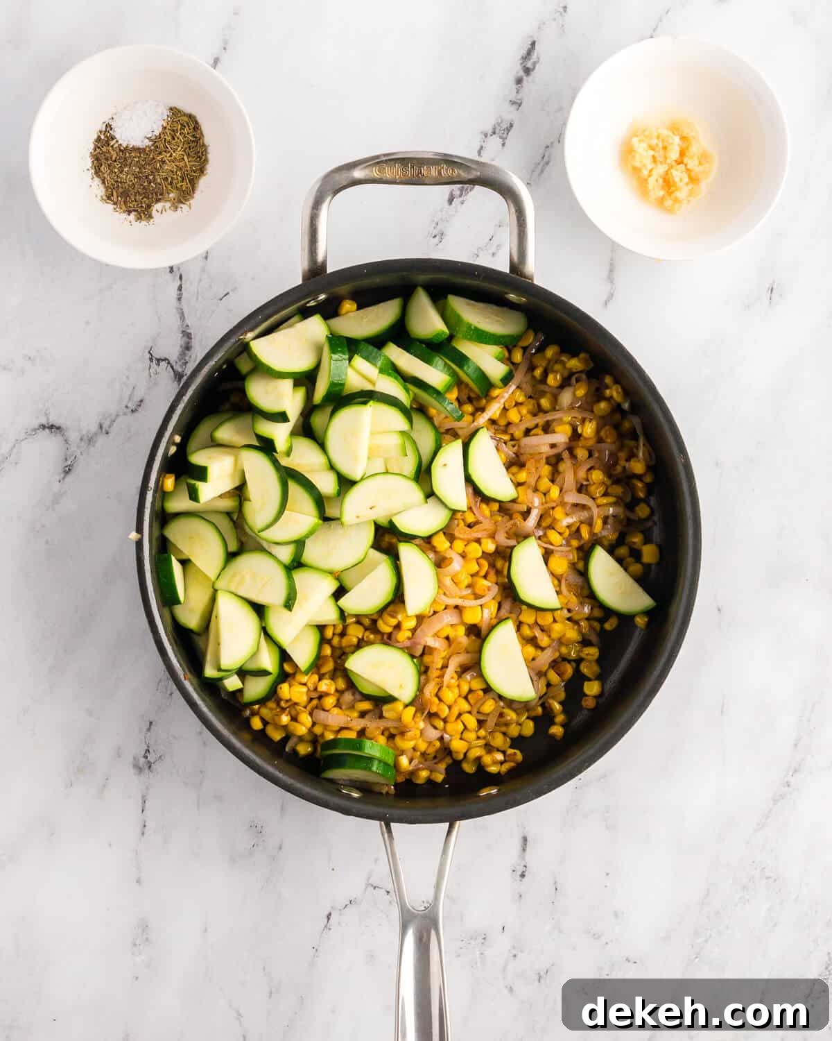 corn, shallots, and zucchini in a hot skillet. 