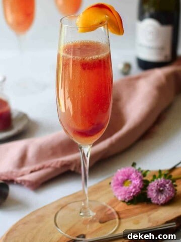 View of plum bellini on a cutting board with a bottle of prosecco in the background.