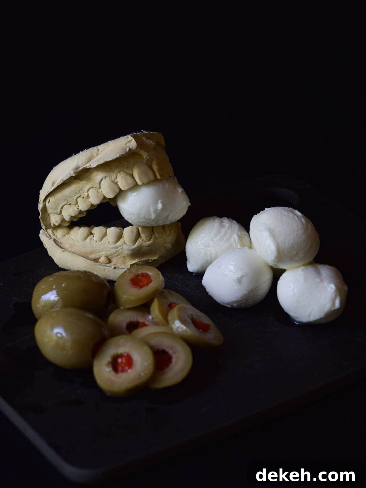 Mozzarella balls with olives on a black surface.