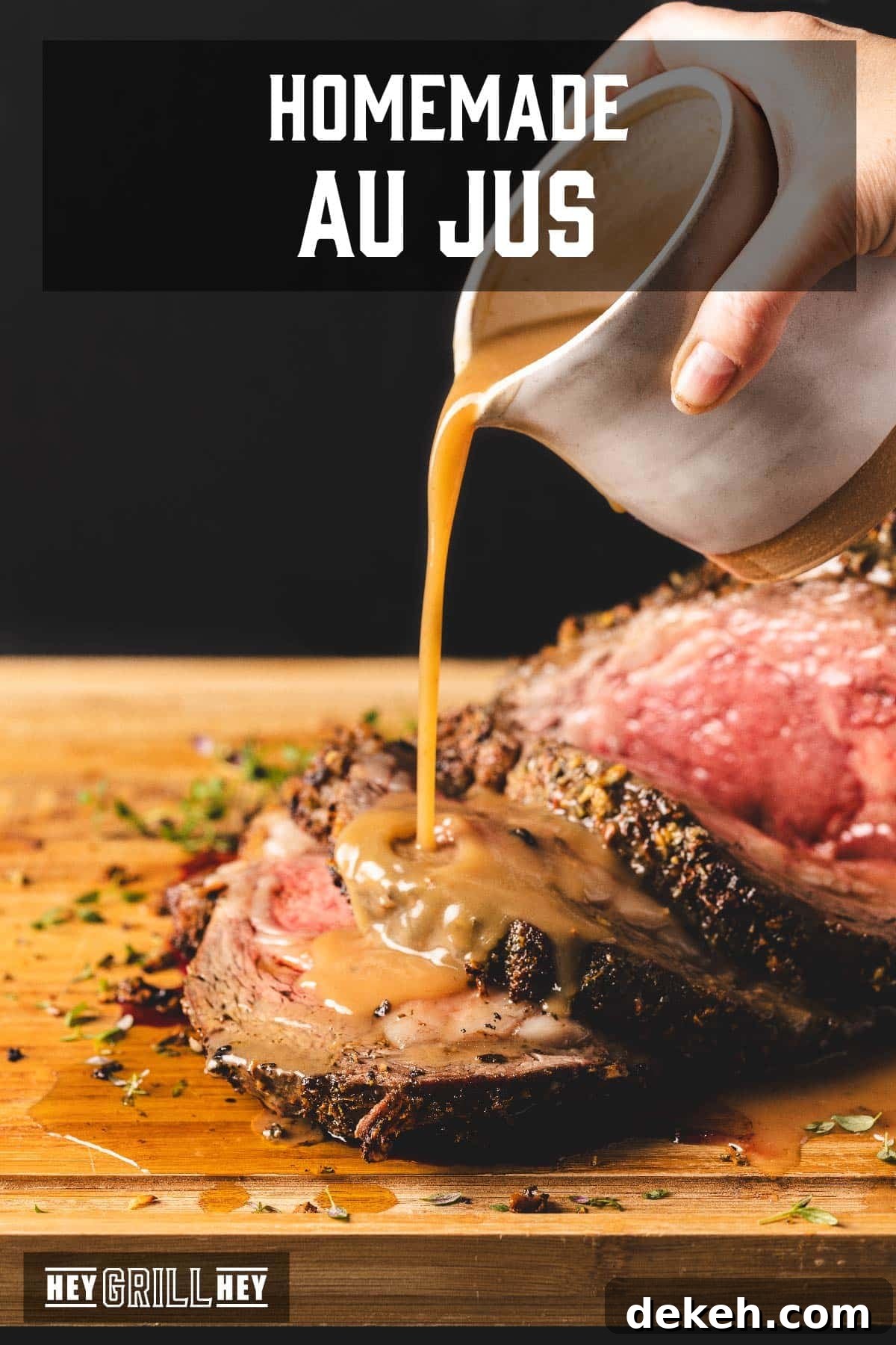 Au just in white serving cup pouring onto sliced prime rib. Text reads 