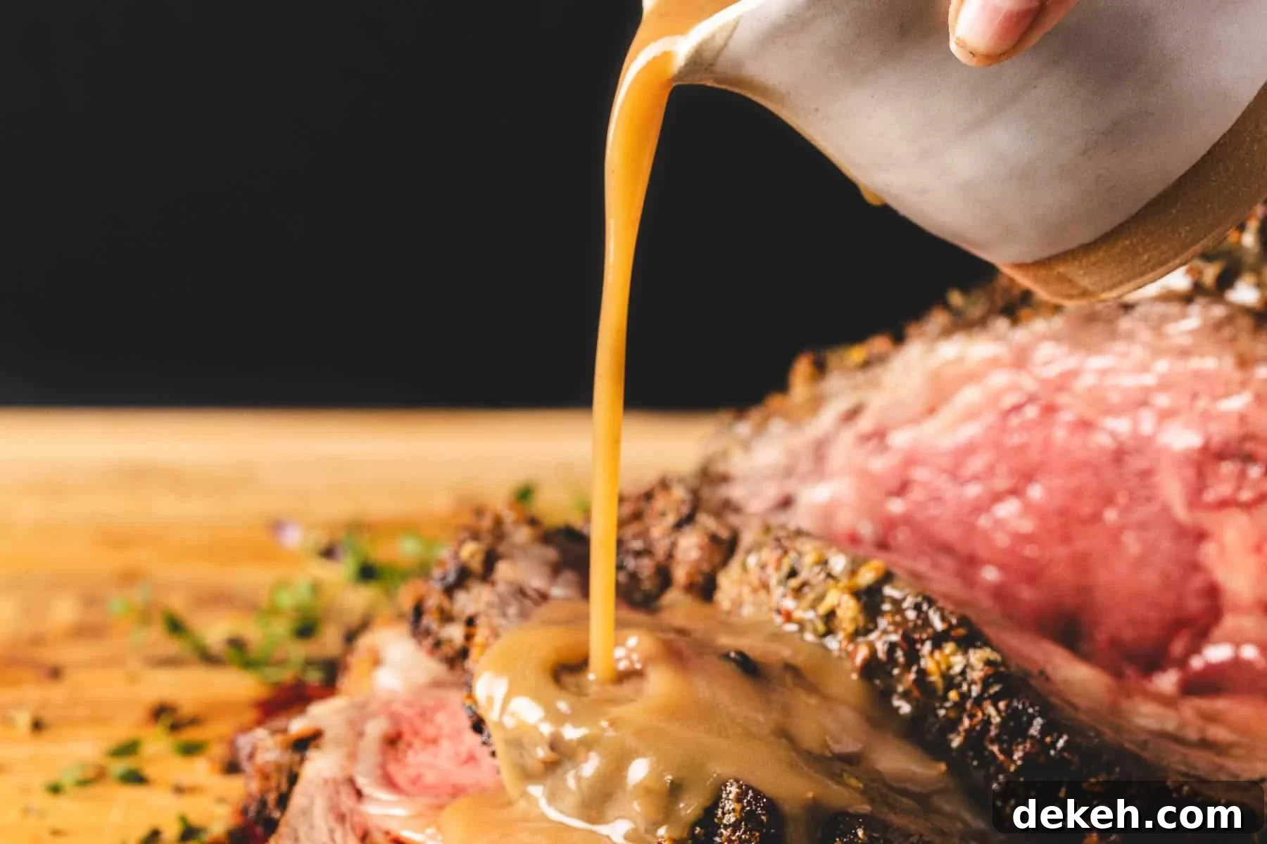 Au just in white serving cup pouring onto sliced prime rib.