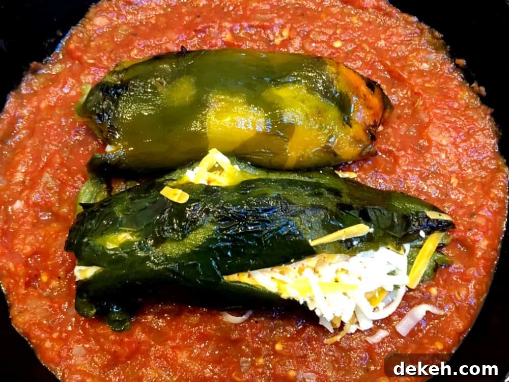 roasted poblano peppers stuffed with cheese in a pan with salsa.