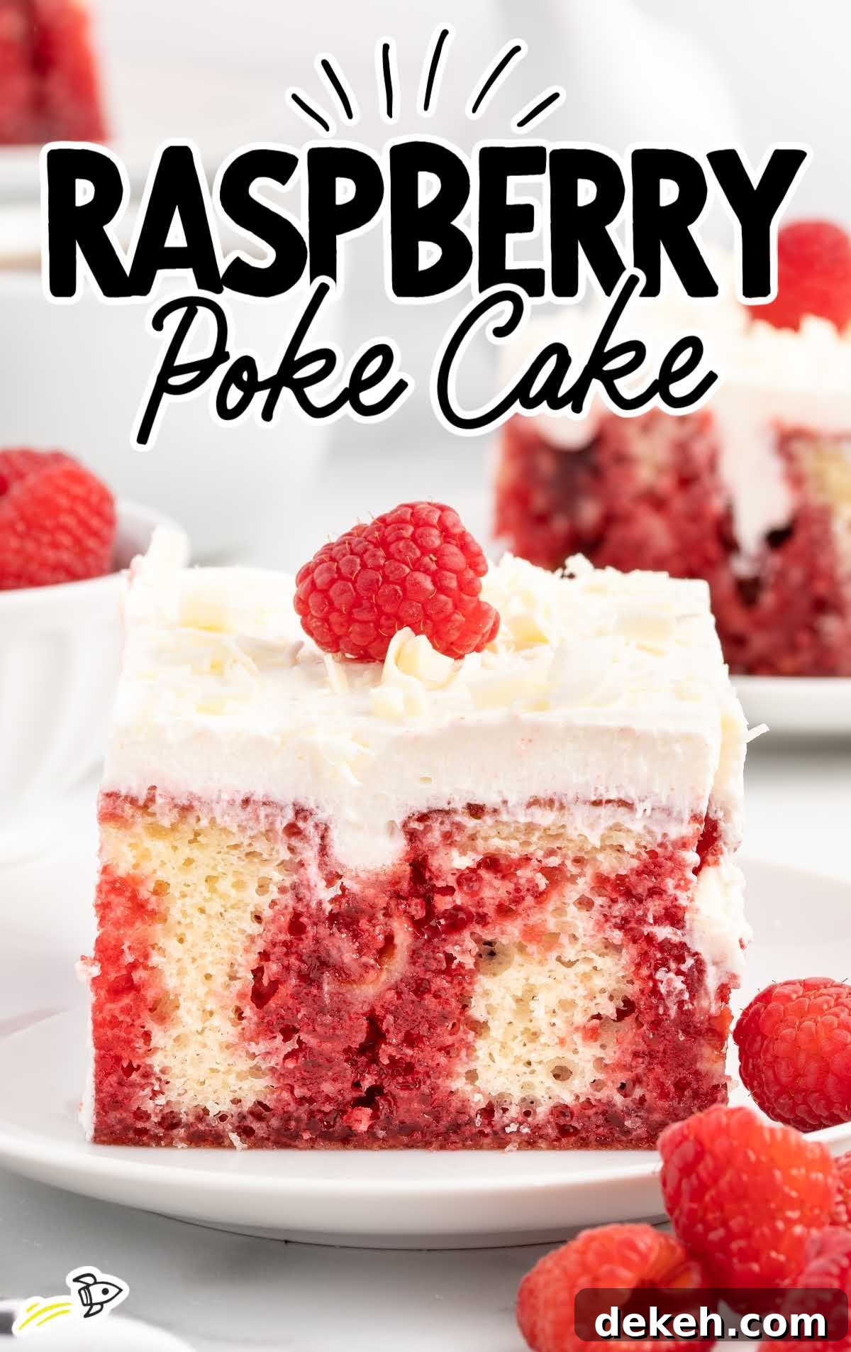 a slice of raspberry poke cake on a plate