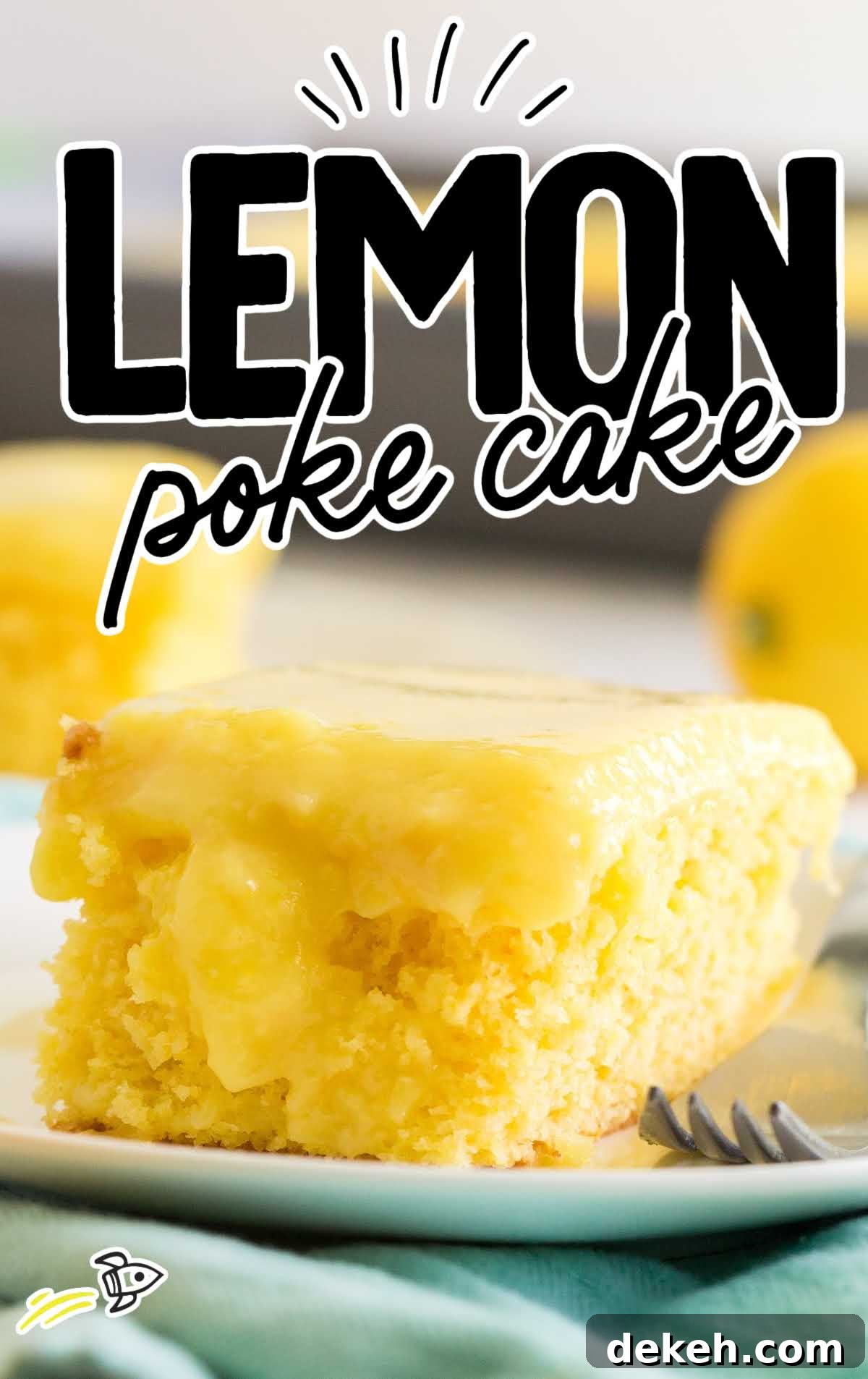 close up side shot of lemon poke cake on a white plate with a fork