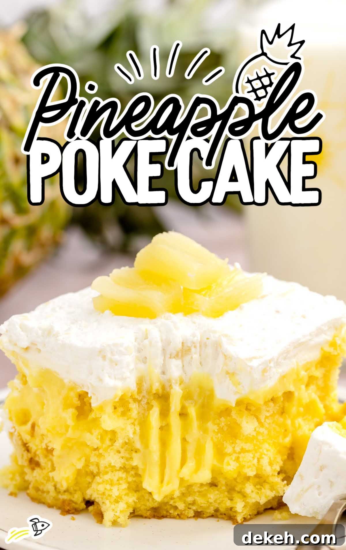 a close-up shot of a slice of Pineapple Poke Cake with a piece taken by a fork