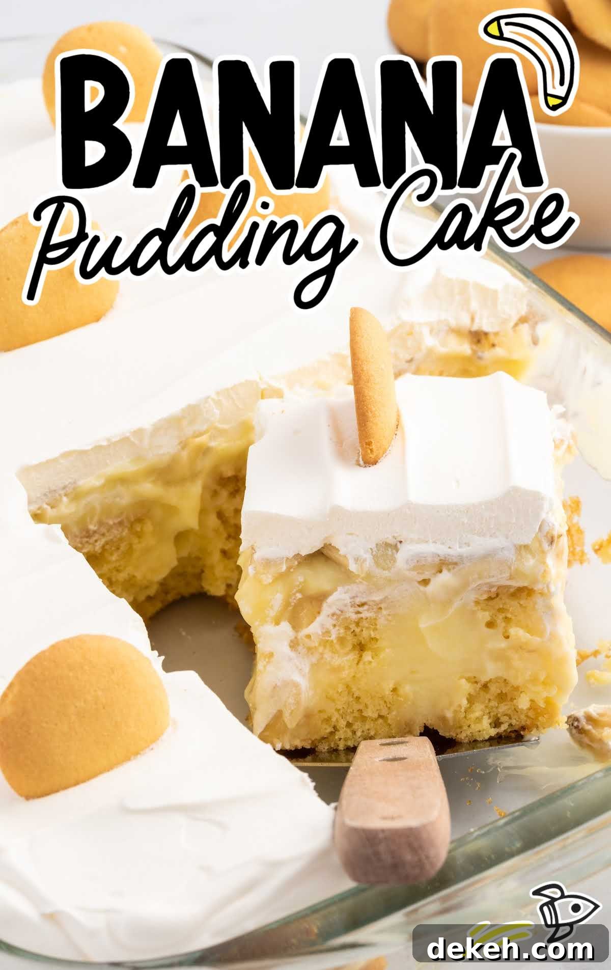 close up shot of Banana Pudding Cake topped with a vanilla wafer in a dish