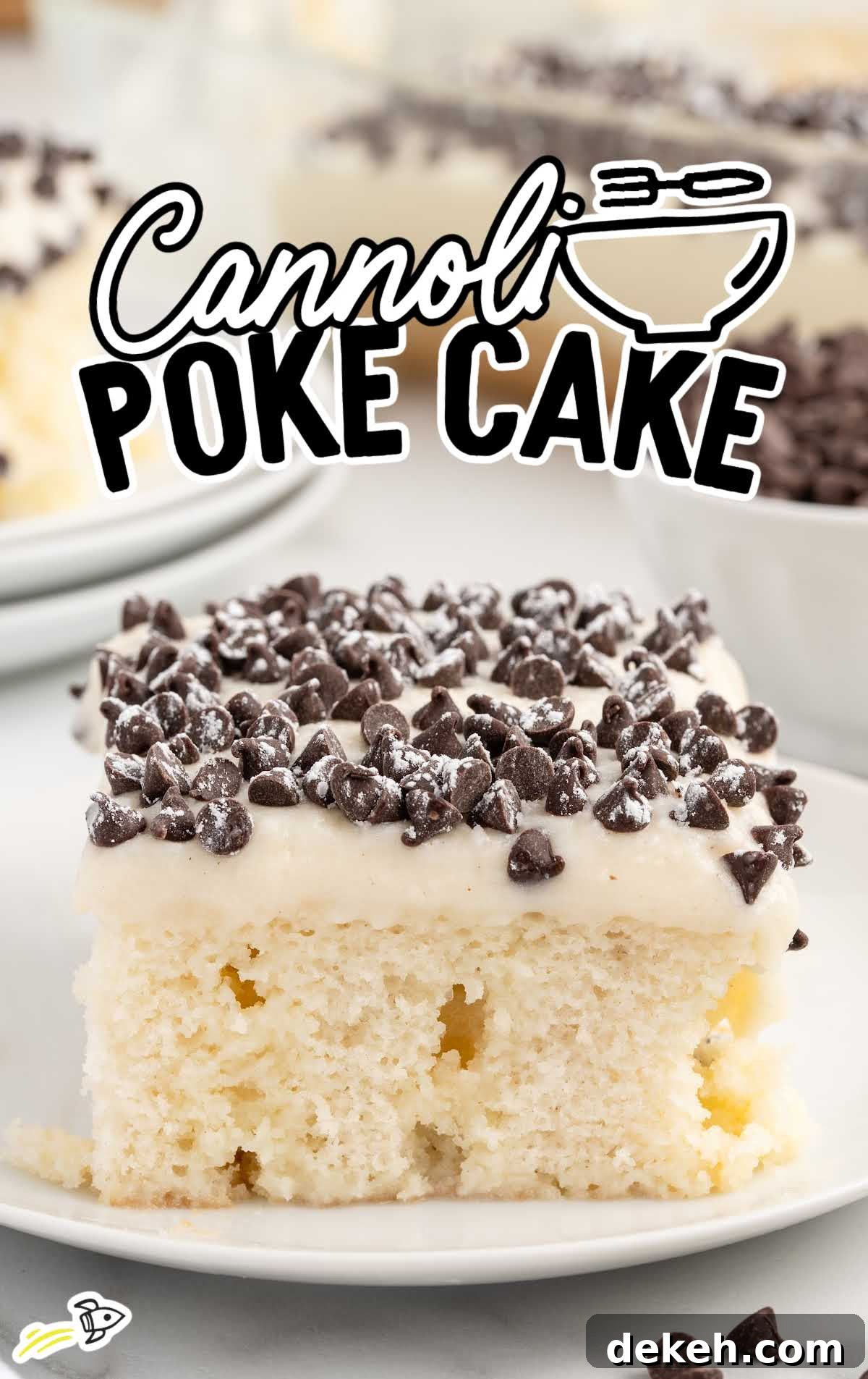 a slice of Cannoli Poke Cake on a plate
