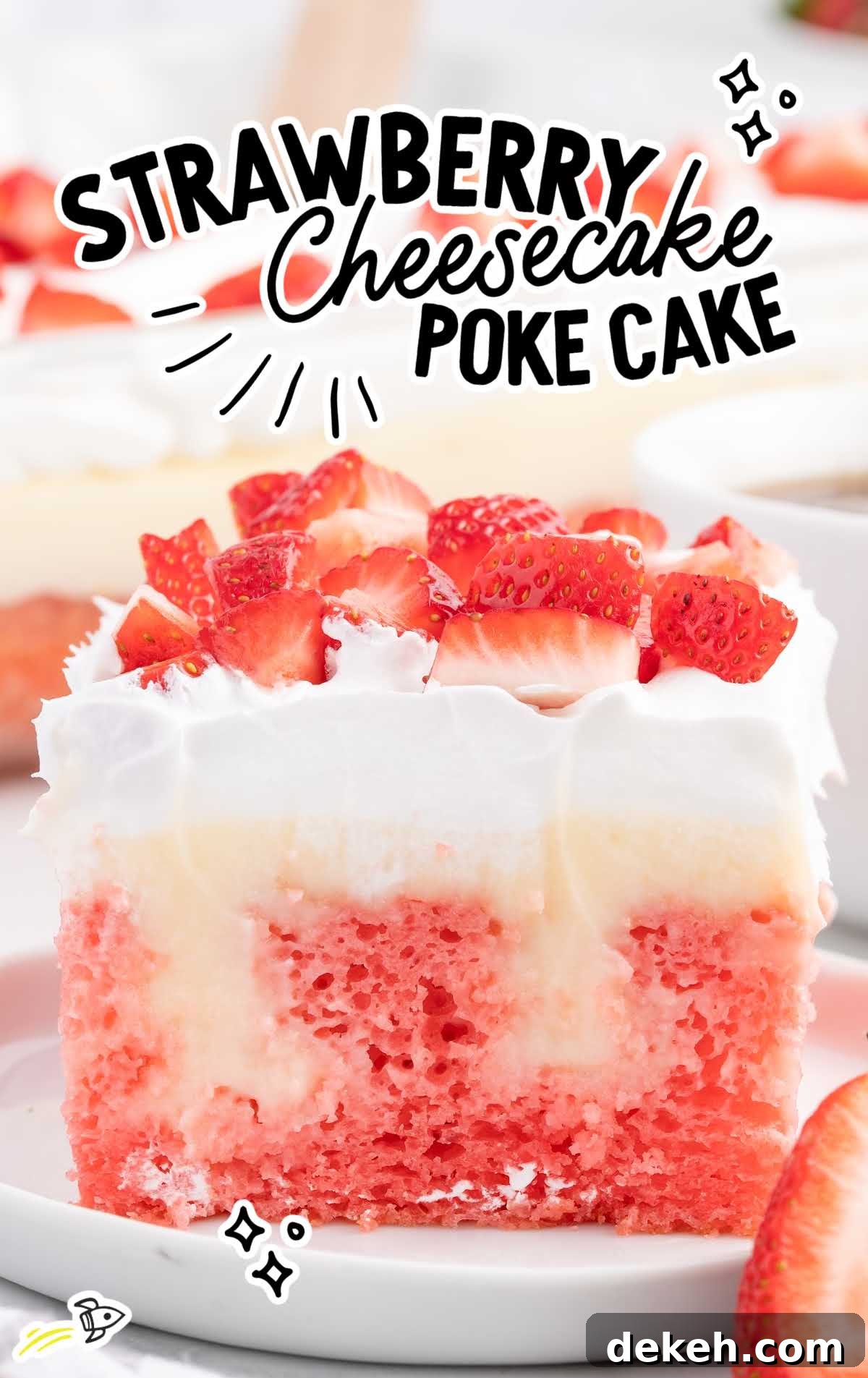 a close up shot of a slice of Strawberry Cheesecake Poke Cake on a cake