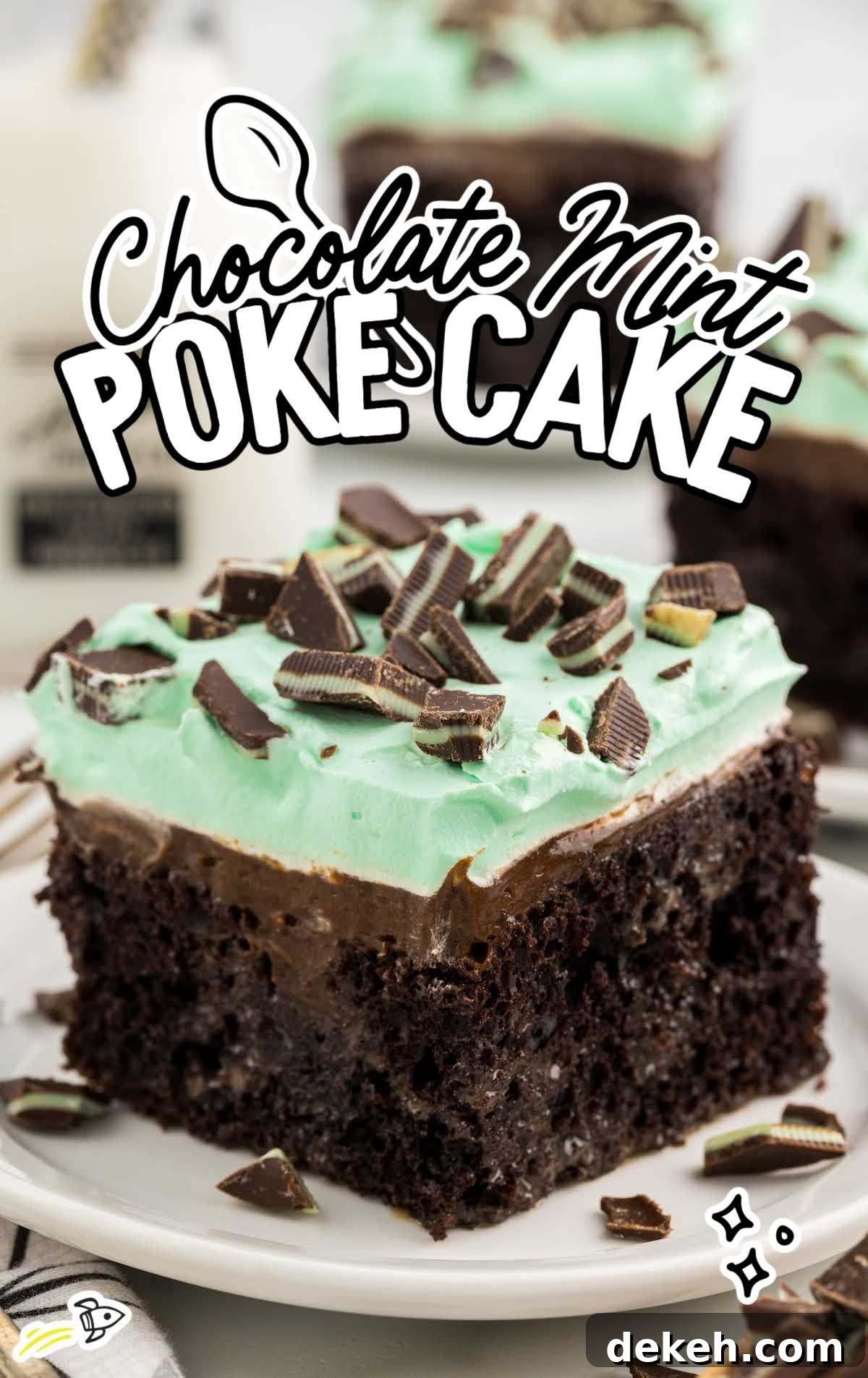 a slice of cake topped with mint chocolate candies on a plate