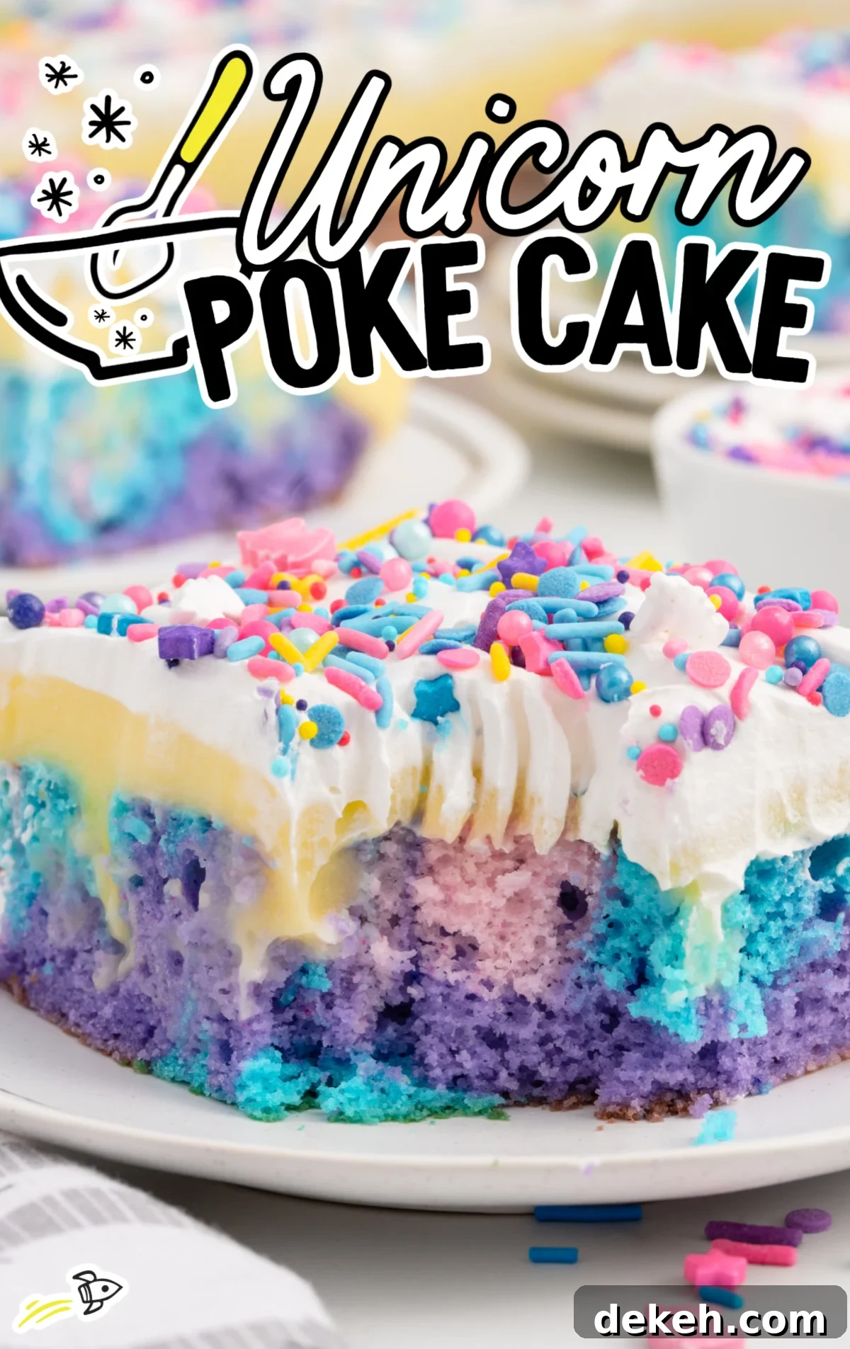 A piece of unicorn poke cake on a white plate with a bite out of it. 