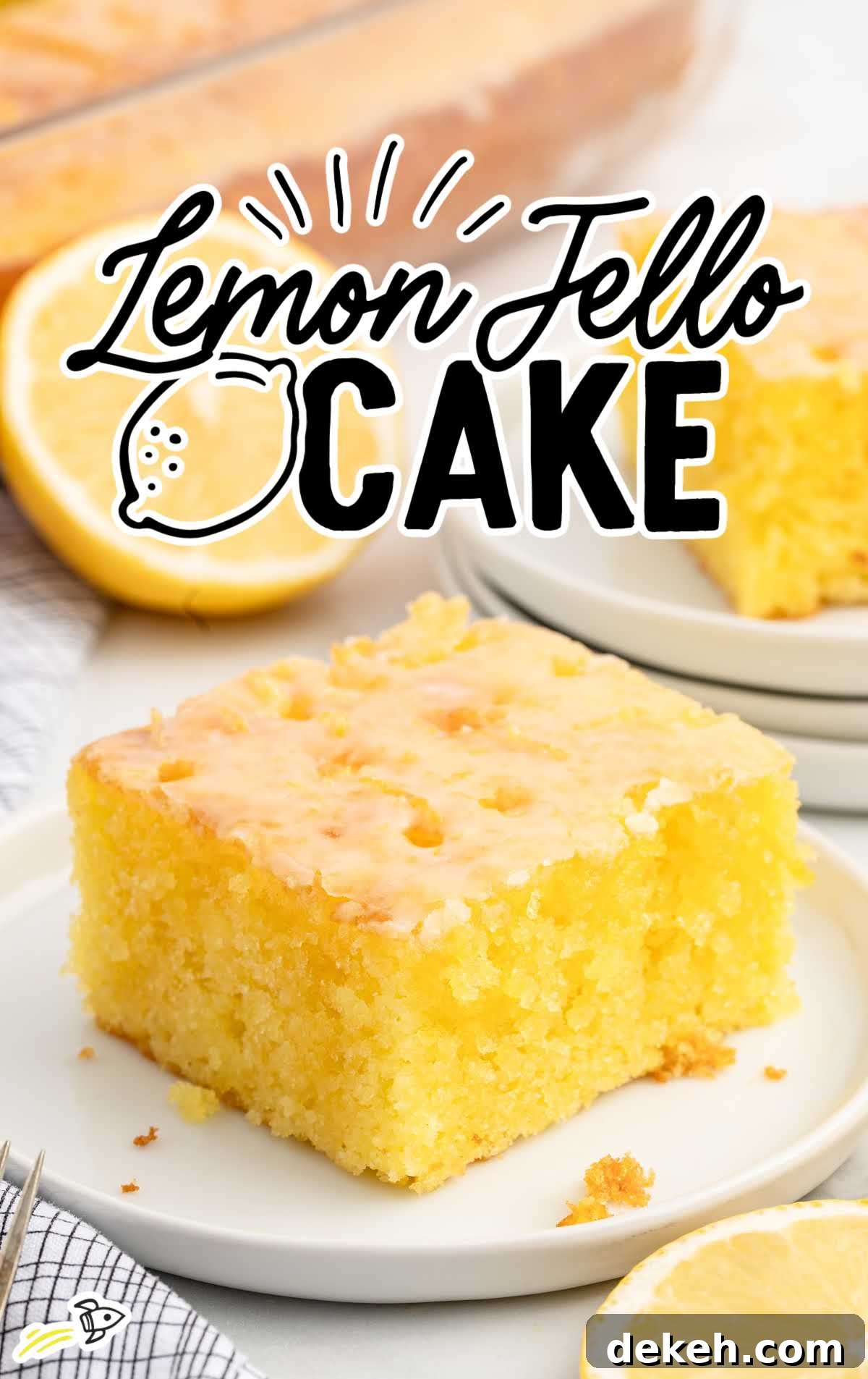 a slice of Lemon Jello Cake on a plate
