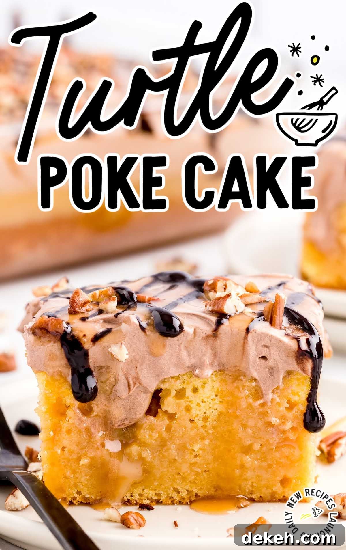 close up shot of a slice of Turtle Poke Cake drizzled with caramel and chocolate sauce then sprinkled with pecans on a plate