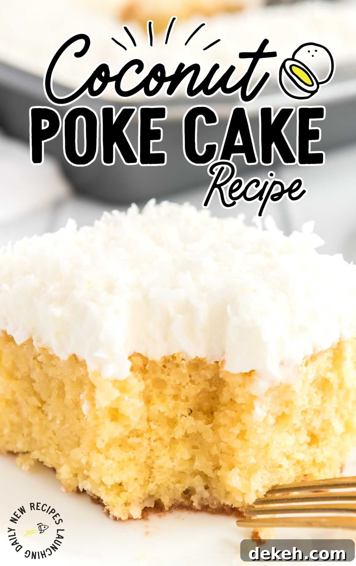 close up shot of coconut poke cake with coconut frosting on a white plate with a piece taken out of it with a fork