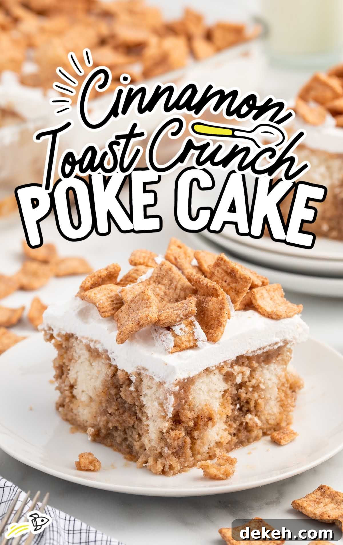 a slice of Cinnamon Toast Crunch Poke Cake on a plate