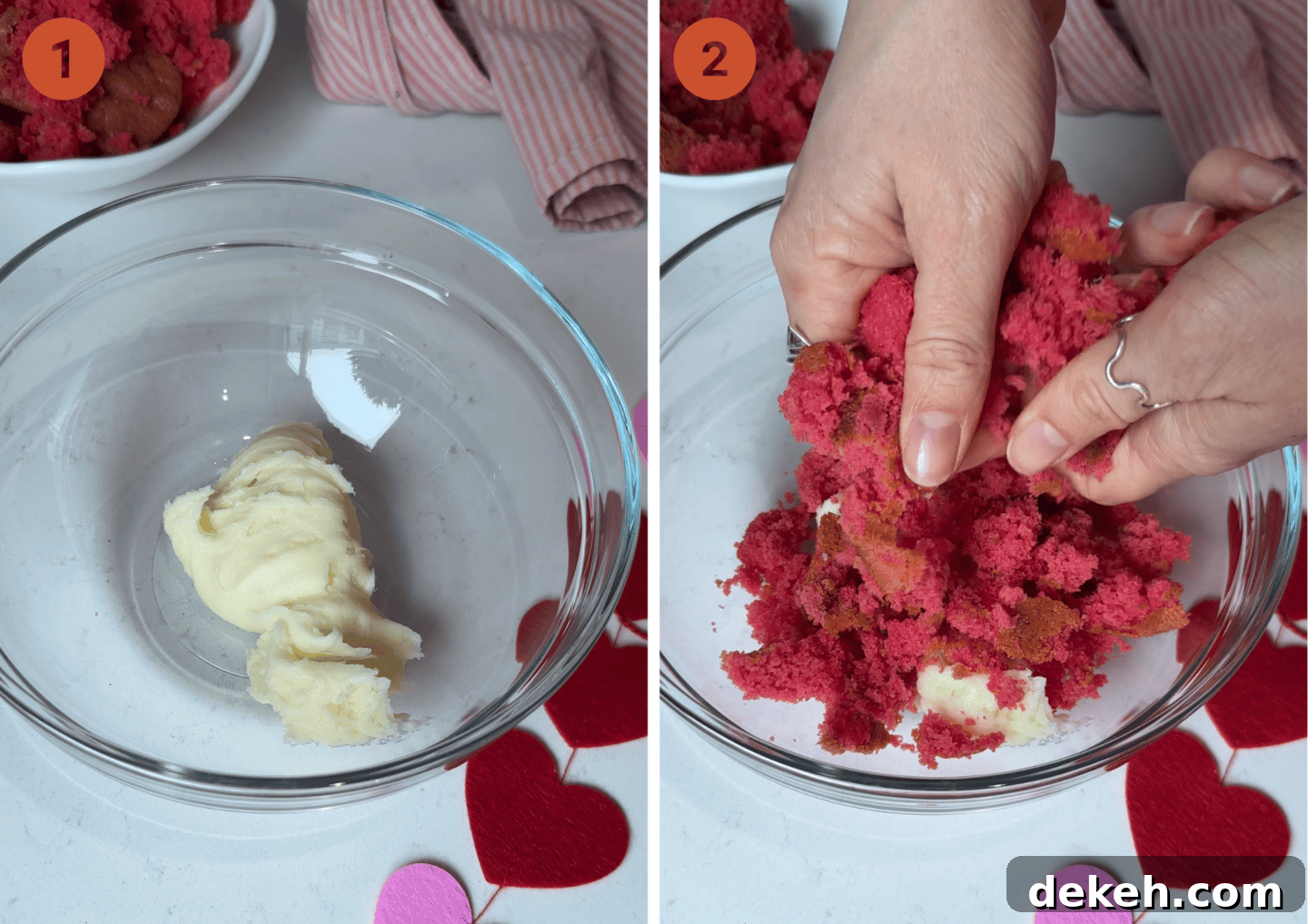 Crumbling the pink gluten free sponge into the buttercream frosting.