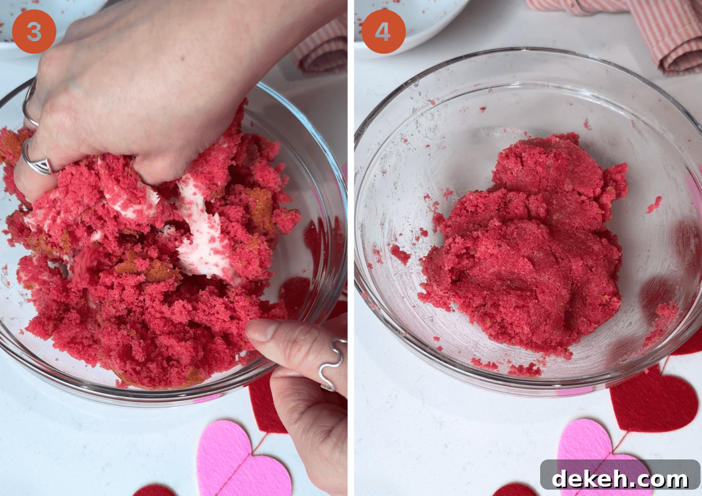 Mixing together the buttercream and pink sponge to form the cake pop dough.