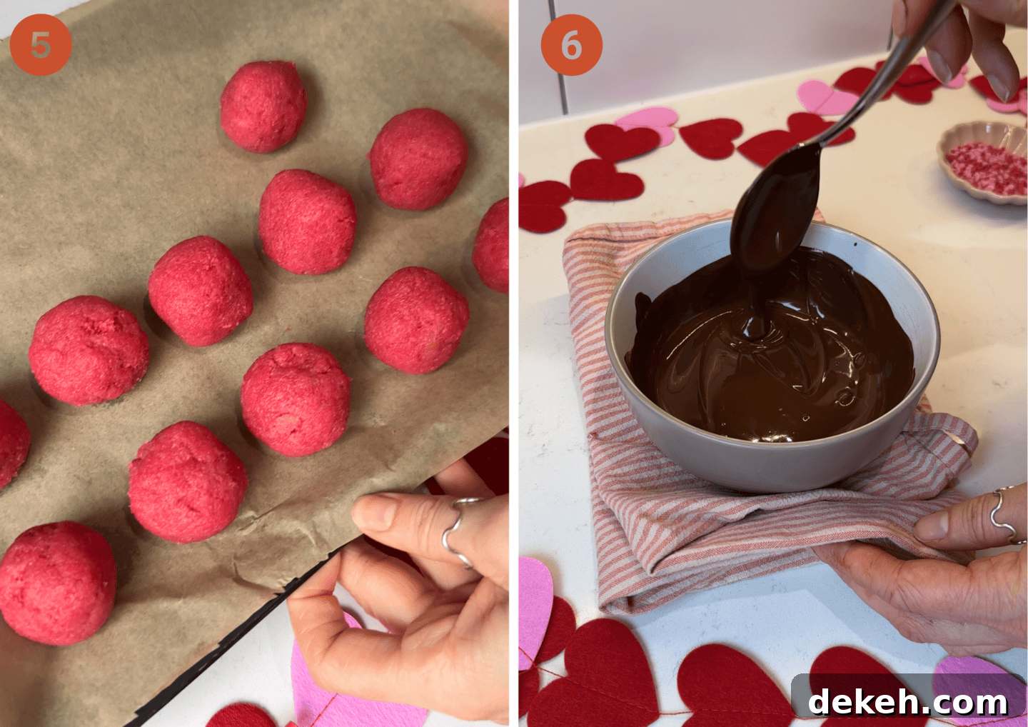 The cake pop balls on a tray and (right) the melted chocolate in a bowl.