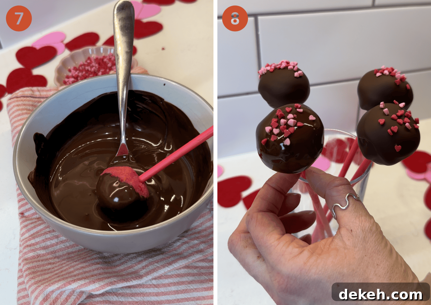 Dipping the pink cake pops into the melted chocolate and (right) the cake pops stood in a glass to set.
