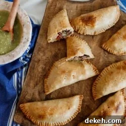 wooden cutting board with picadillo empanadas next to a bowl of salsa verde