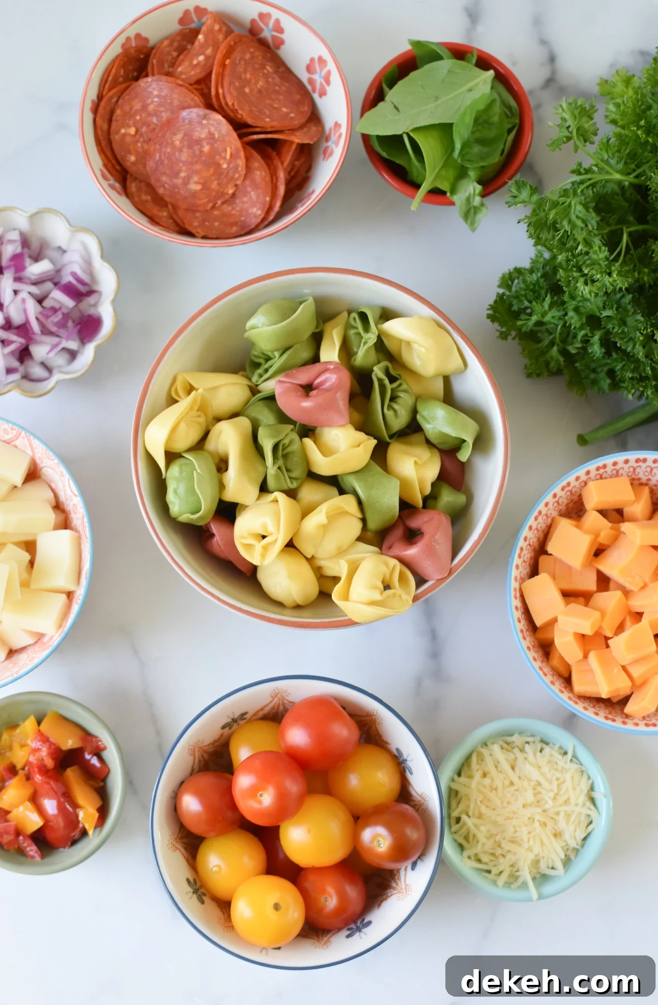 Italian Tortellini Salad ingredients.