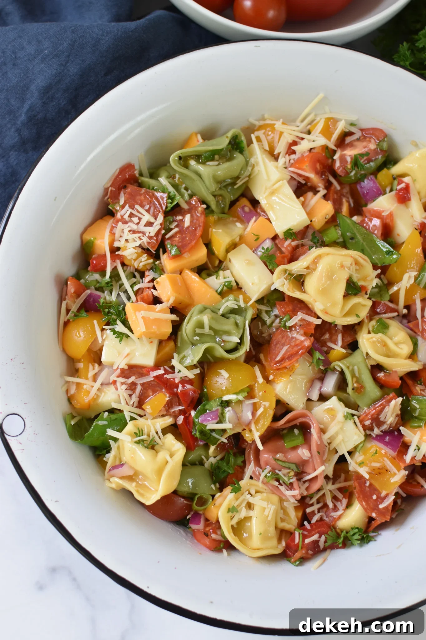 Italian Tortellini Salad in a white bowl.