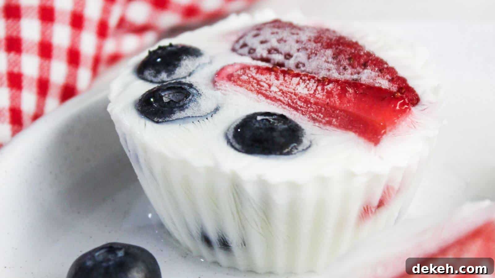 A frozen yogurt cup with blueberries and a strawberry slice on top, placed on a white plate. A red and white checkered cloth is visible in the background.