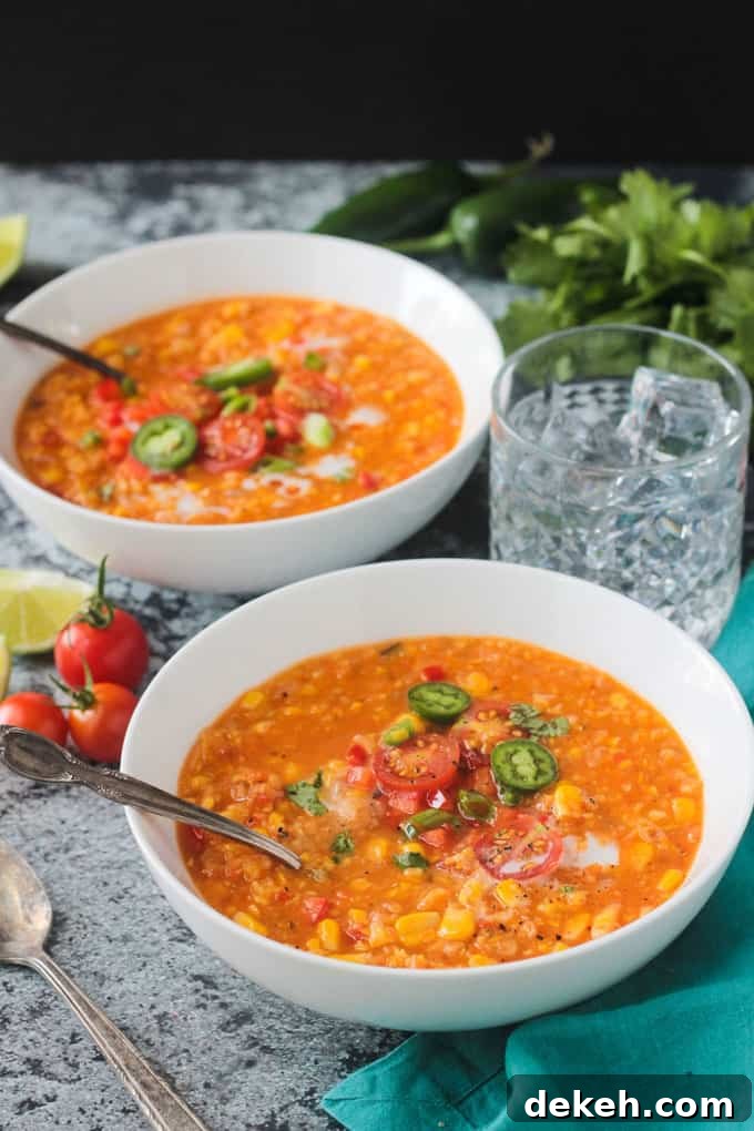 Two bowls of soup with spoons in them.