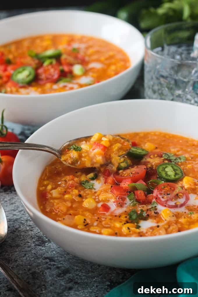 Spoonful of soup being lifted out of a bowl.