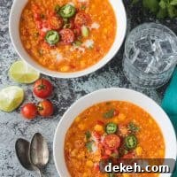 Two bowls of summer corn chowder topped with halved cherry tomatoes, jalapeno slices, and green onions.