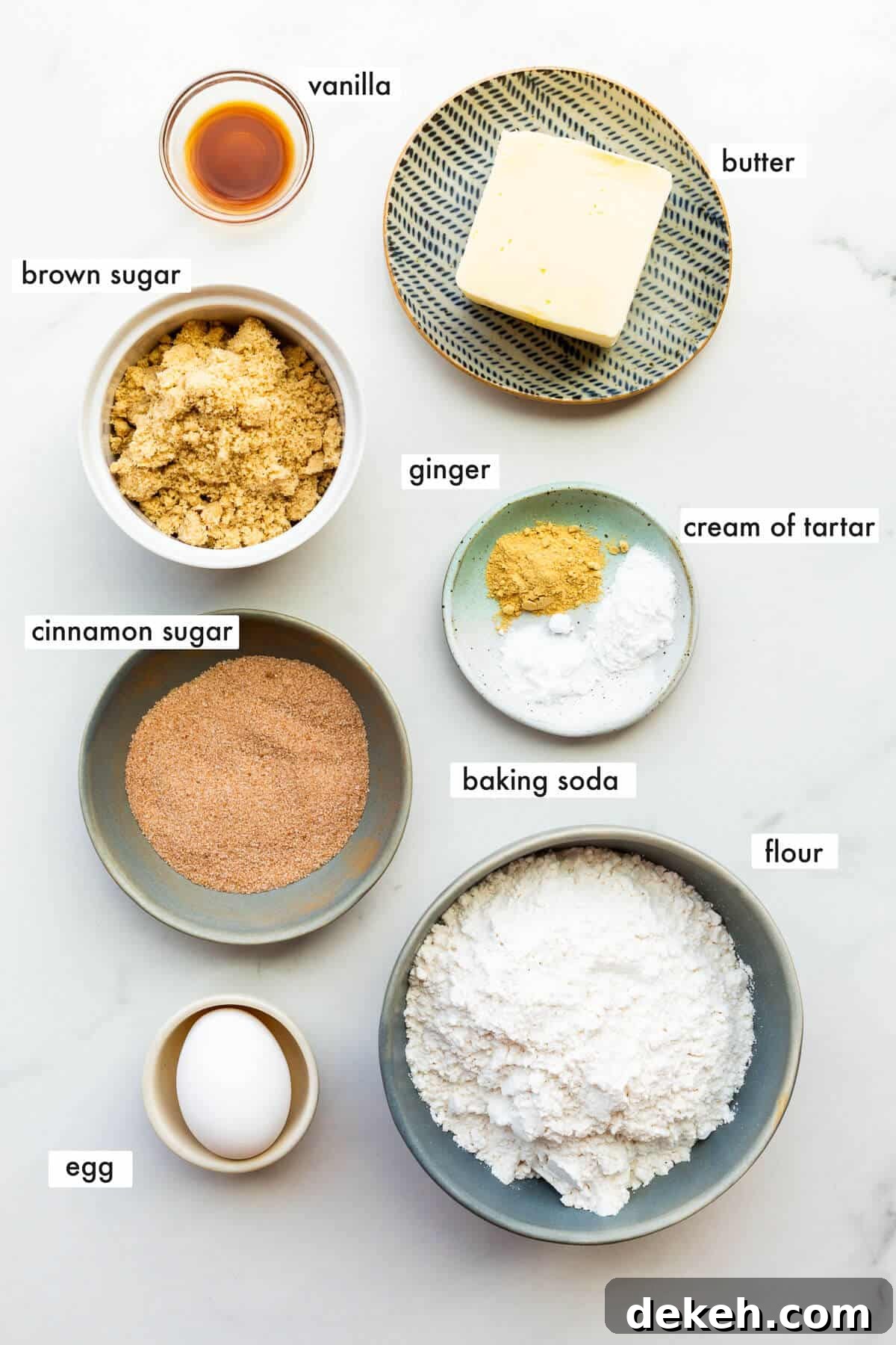 Ingredients to make snickerdoodles measured and ready for baking.