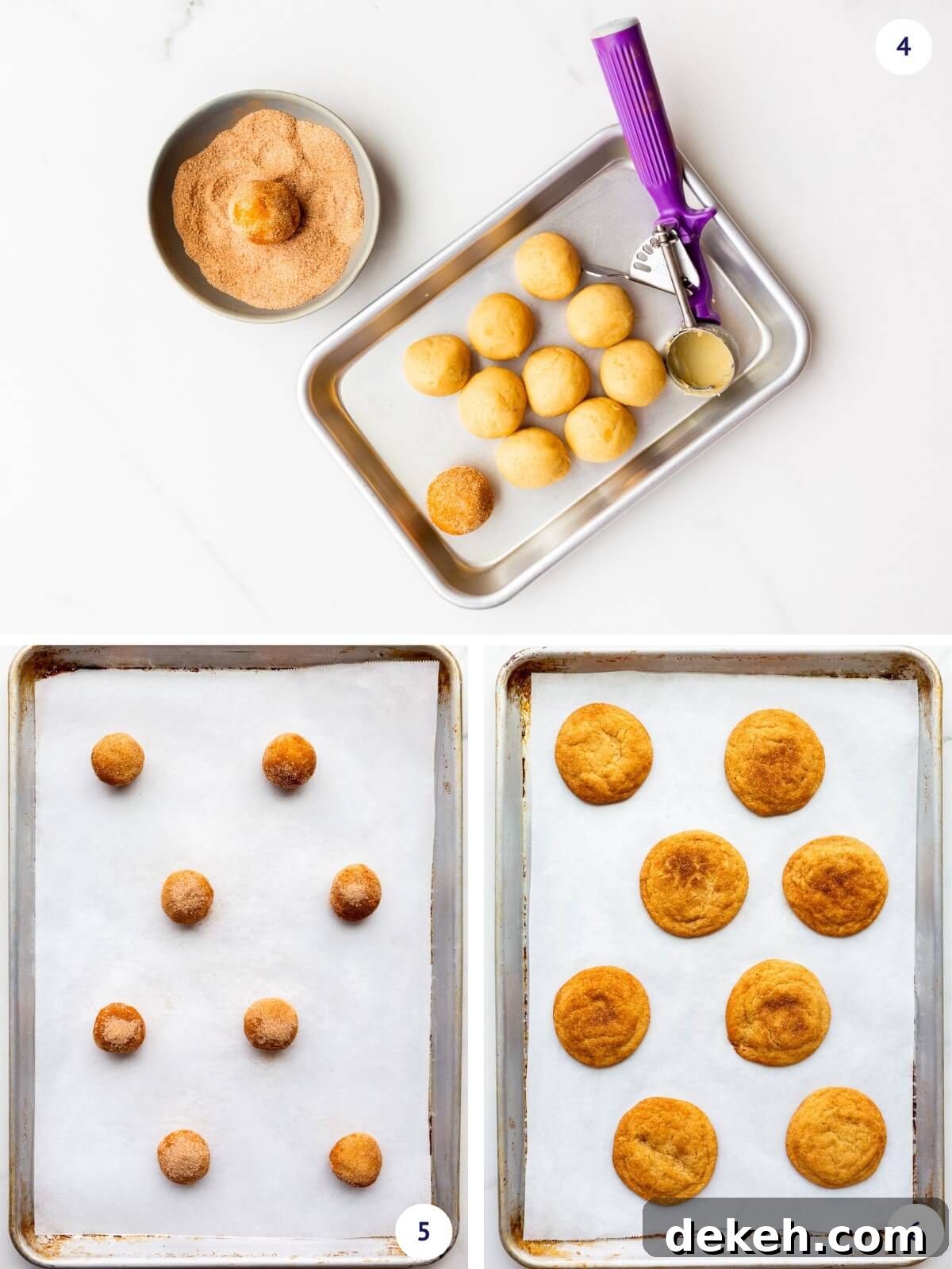 Scooping sugar cookie dough and rolling it in cinnamon sugar before baking the snickerdoodles.