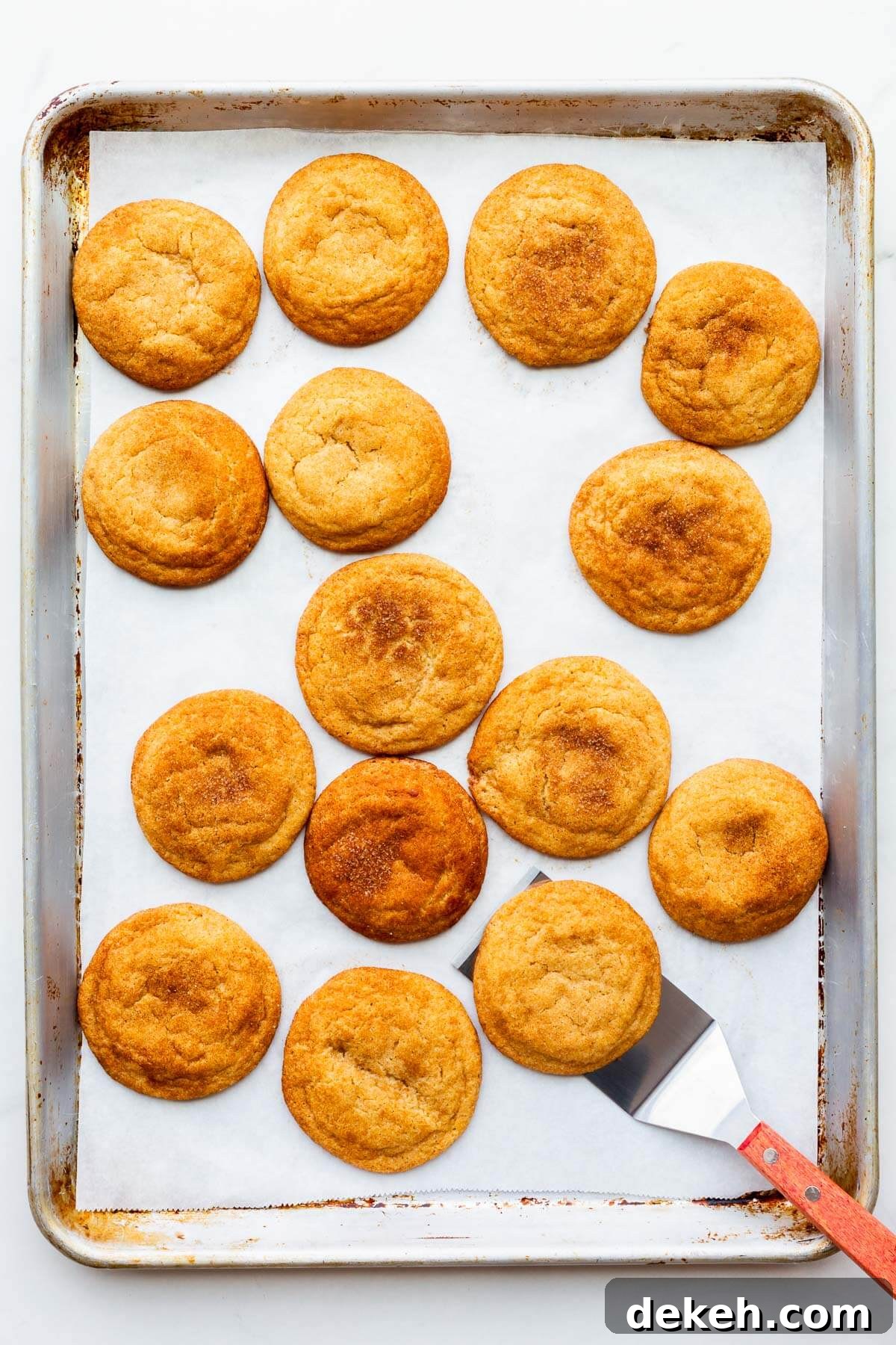 Using a spatula to lift freshly baked snickerdoodle cookies off a cookie tray.