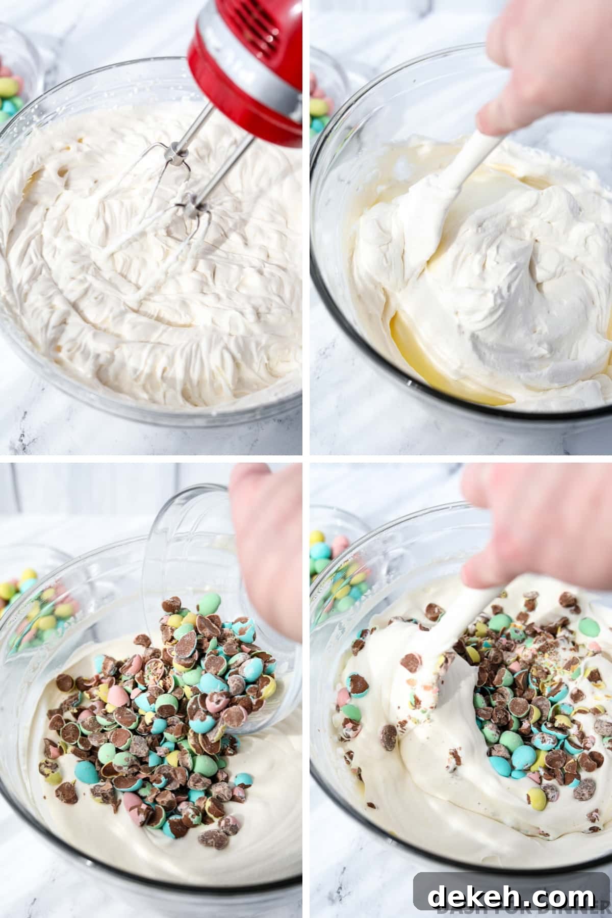 Whipping cream and adding crushed mini eggs to it.