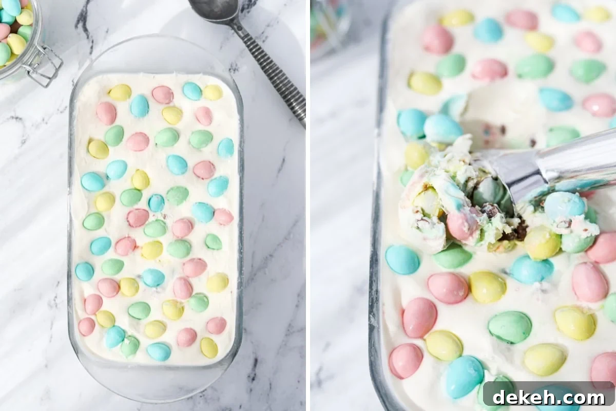 Homemade ice cream in a loaf pan topped with mini eggs.