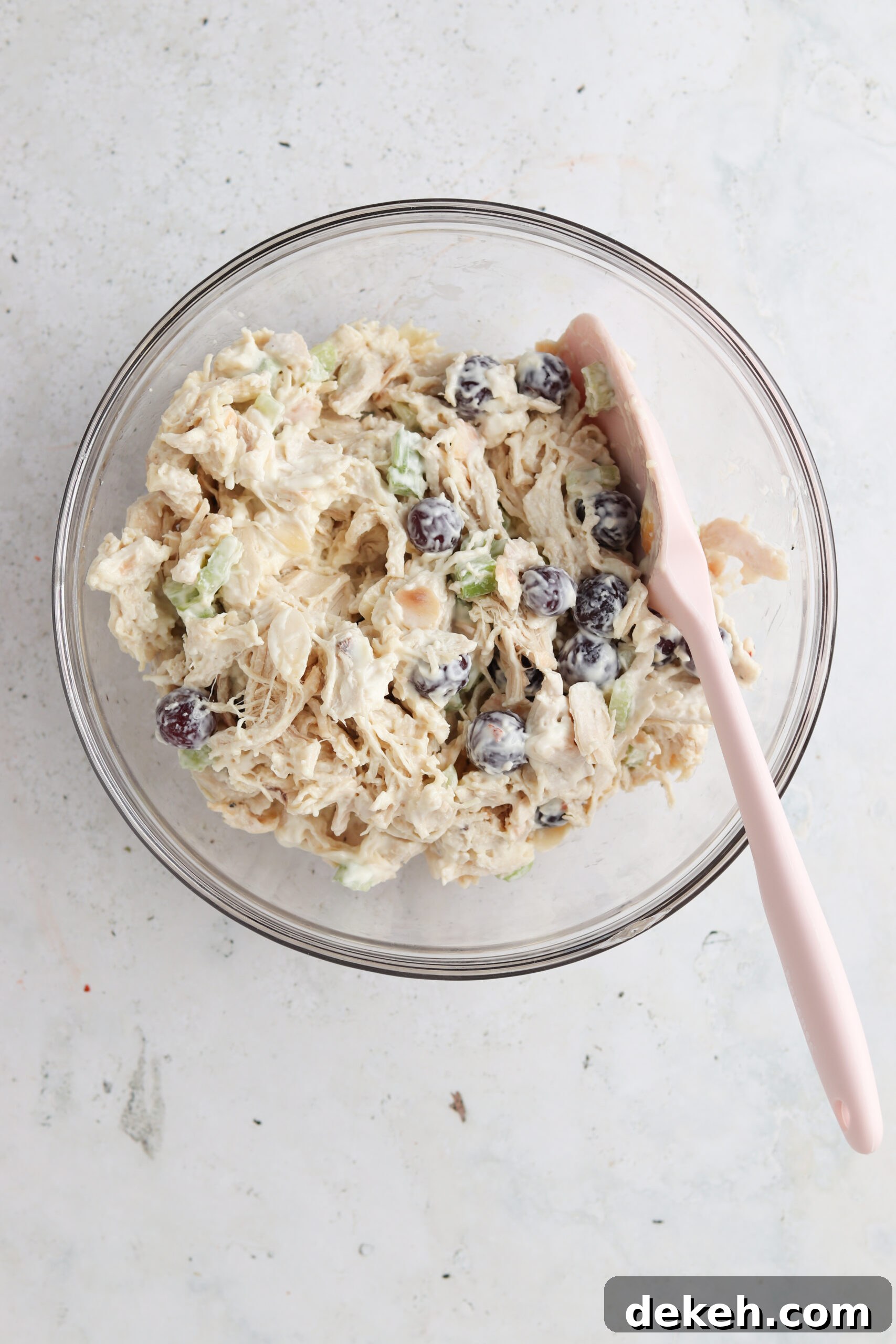Whole30 chicken salad in a large glass bowl.