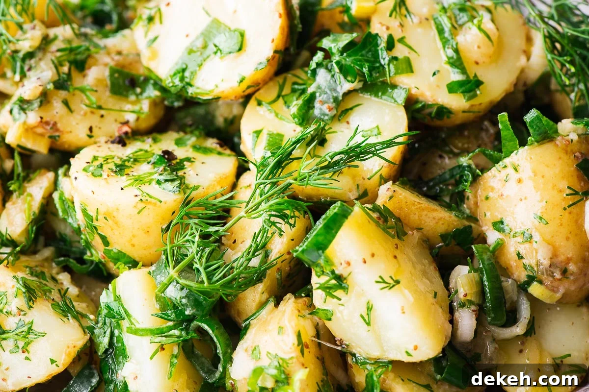 A close-up of herbed potato salad with dill, parsley and spring onions and no egg or mayonnaise.
