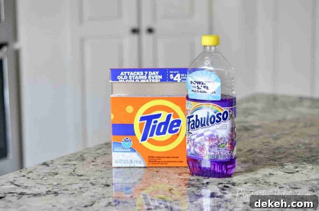 box of tide powder and fabuloso on a countertop.
