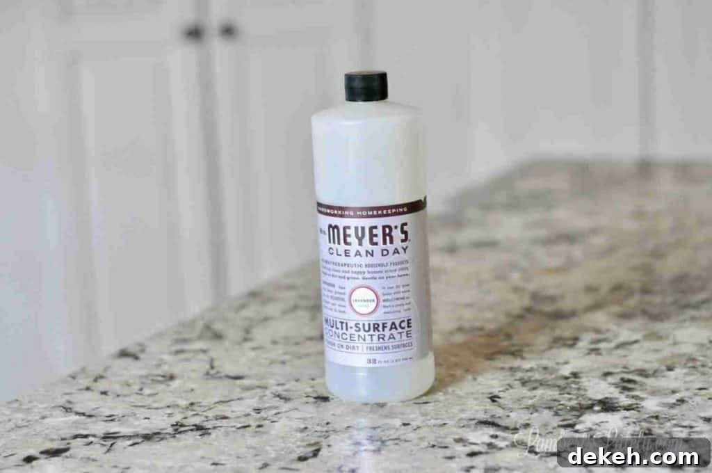bottle of mrs. meyer's concentrate on a counter.