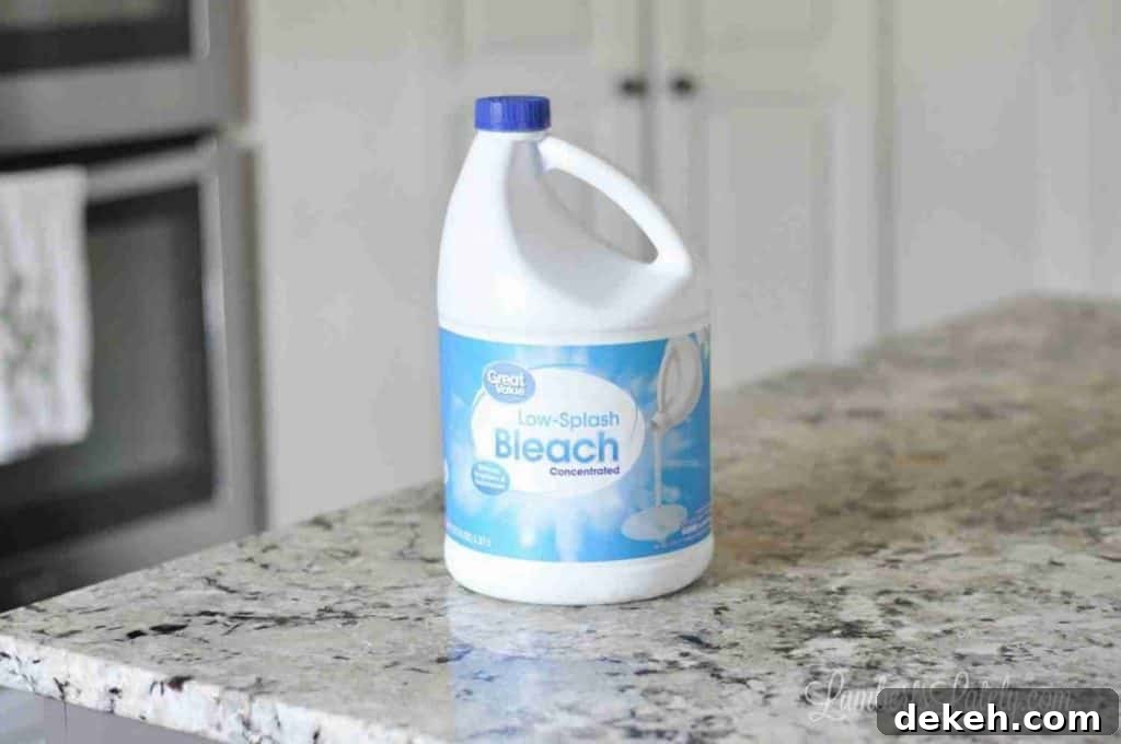 bottle of bleach on a counter.