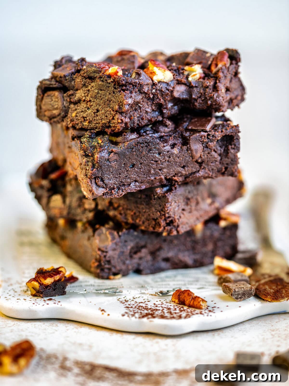 A close-up of a stack of three rich, fudgy chocolate brownies with chocolate chunks and pecans on top, set on a white plate with scattered pecan pieces and chocolate around.